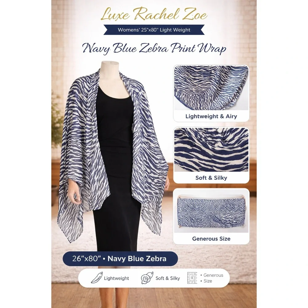 Luxe Rachel Zoe‎ Womens Navy Blue Zebra Print Wrap Scarf 26x80 Lightweight Airy
